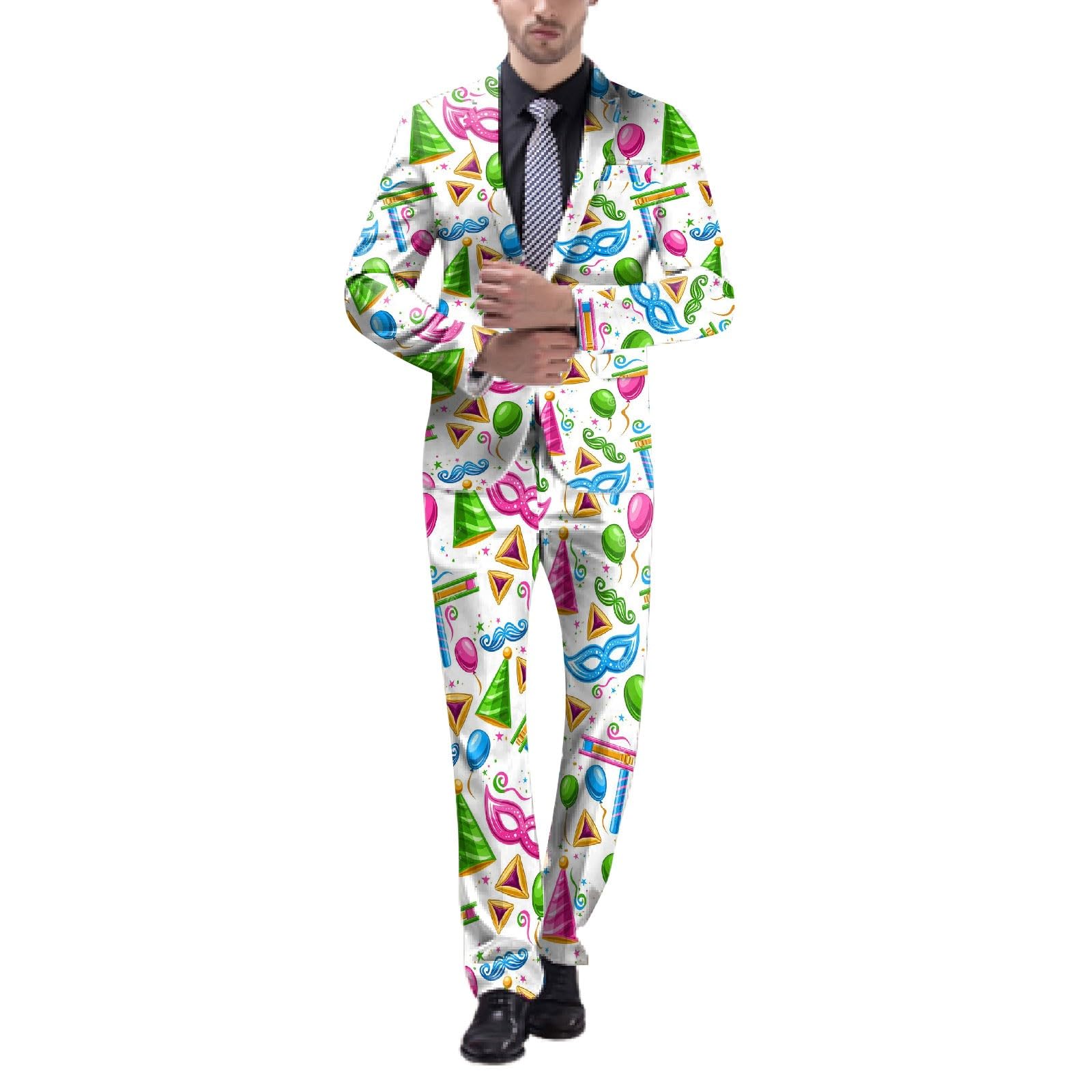 Traje para hombre, carnaval, fiesta temática, disfraz de máscaras divertidas, trajes con estampados coloridos, disfraz de carnaval de los años 60, chaqueta y pantalones, corte ajustado, 2
