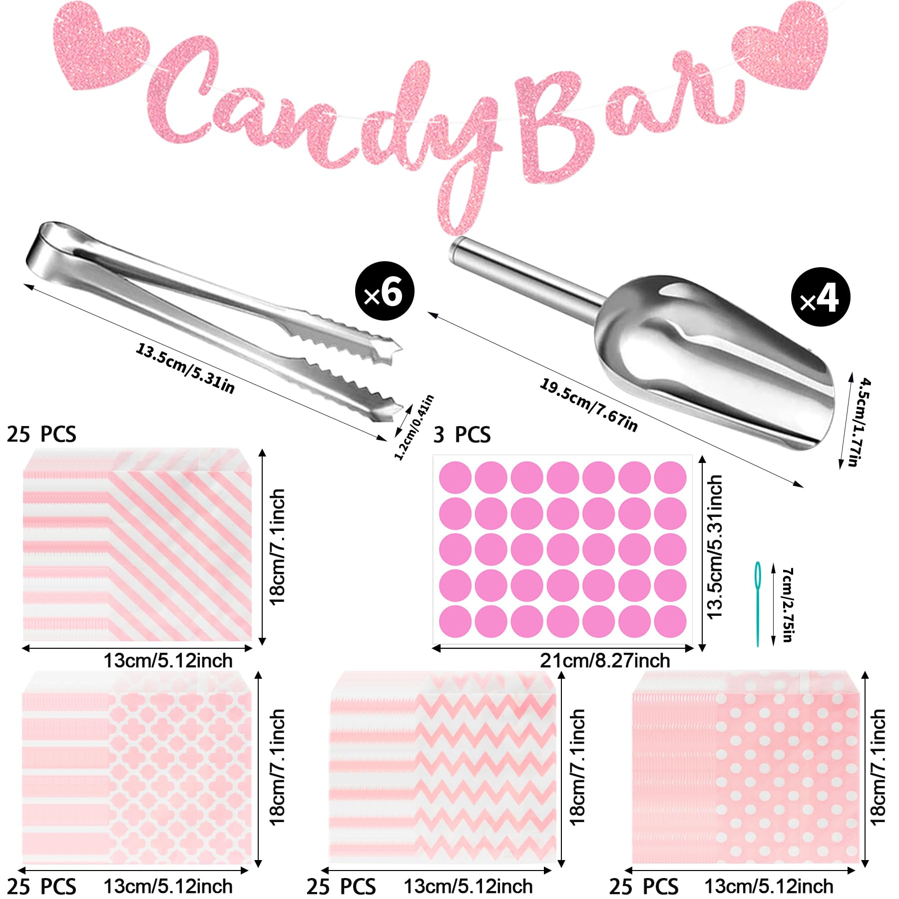 114PCS Set di Accessori per Candy Bar,Contiene 100 Sacchetti di Caramelle,3 adesivi,6 pinze per zucchero,4 Pale di Caramelle,1 Striscione Candy Bar Banner per caramelle,bar,buffet