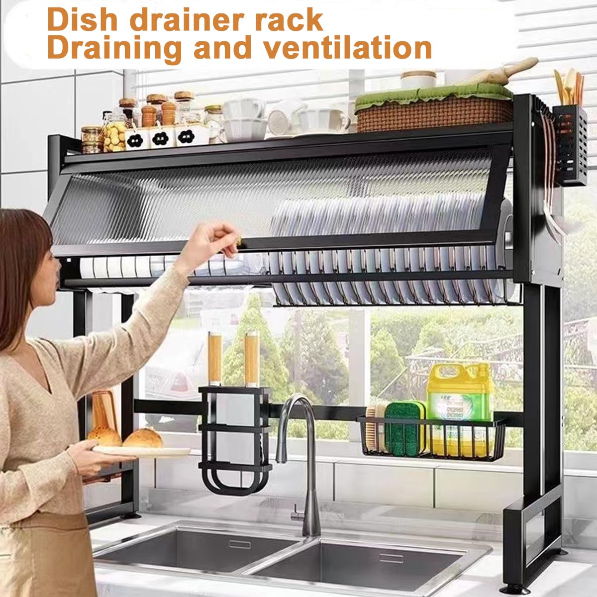 Verida Escurridor de platos sobre el fregadero de 3 niveles, escurridor de platos sobre el fregadero para almacenamiento de platos y cubiertos de cocina, estante para platos que ahorra espacio con