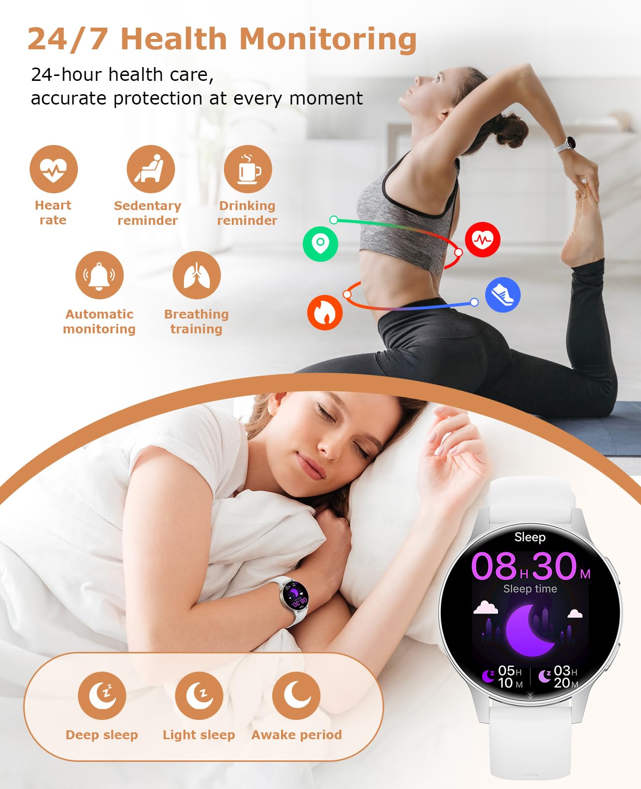 SLOKSFil Smartwatch Donna, 1.27”Touchscreen Completo Orologio Donna Rotondo con Chiamate Bluetooth, 24H Frequenza Cardiaca Monitor Sonno, 100+ Modalità Sportive Compatibile con Android iOS (Argento)