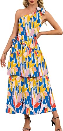 Womens Summer Floral Sundress Casual Tie One Shoulder Tiered Waist Belted Ruffle Flowy Midi Beach Boho Dresses
