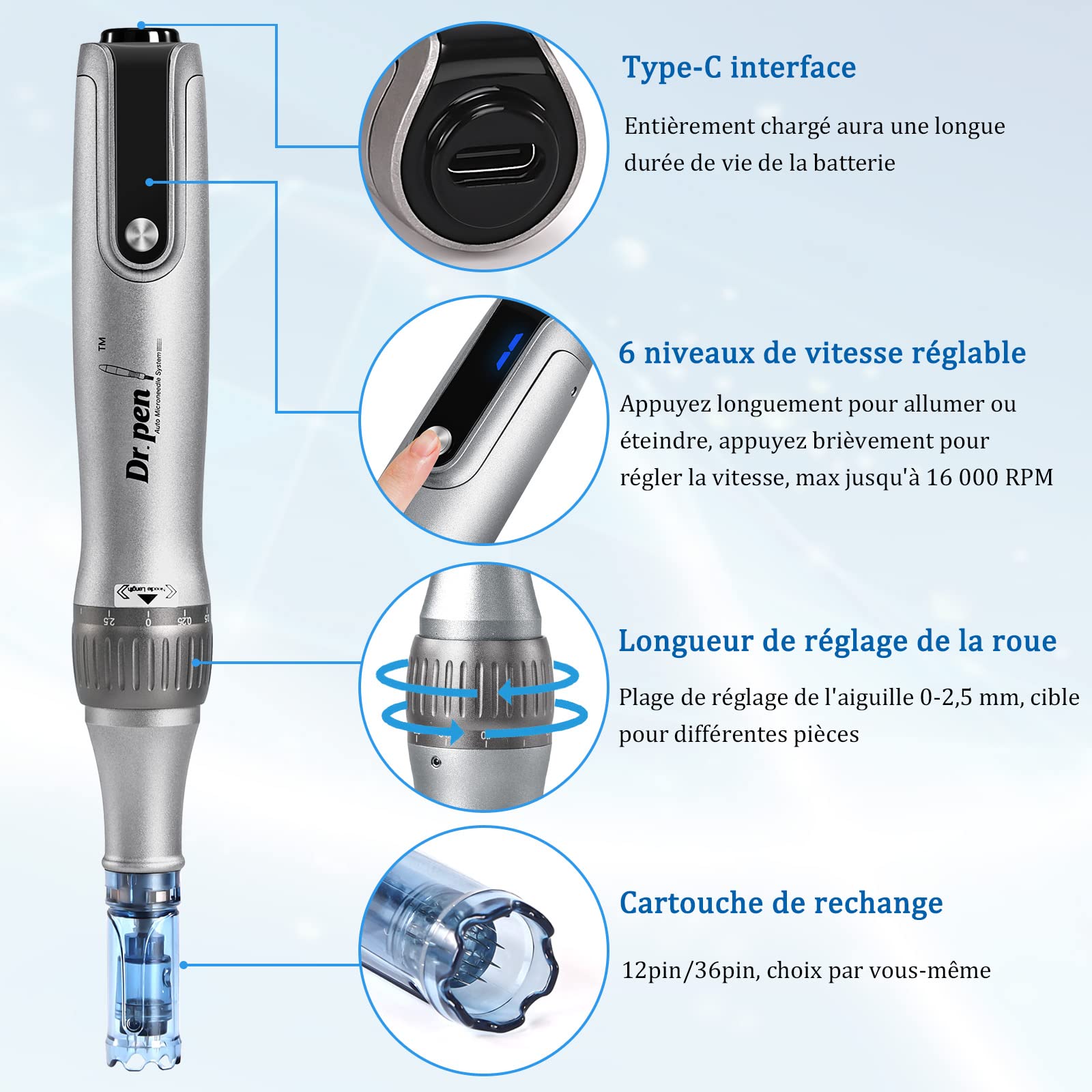 Microneedling Pen M8S, Professionnel Dr.pen avec 6 Aiguilles (3x12 Pin + 3x36 Pin) Dermapen Pour le Visage, le Corps et la Croissance des Cheveux, 6 Niveaux de Vitesse et Profondeur Réglable de 0-2,5