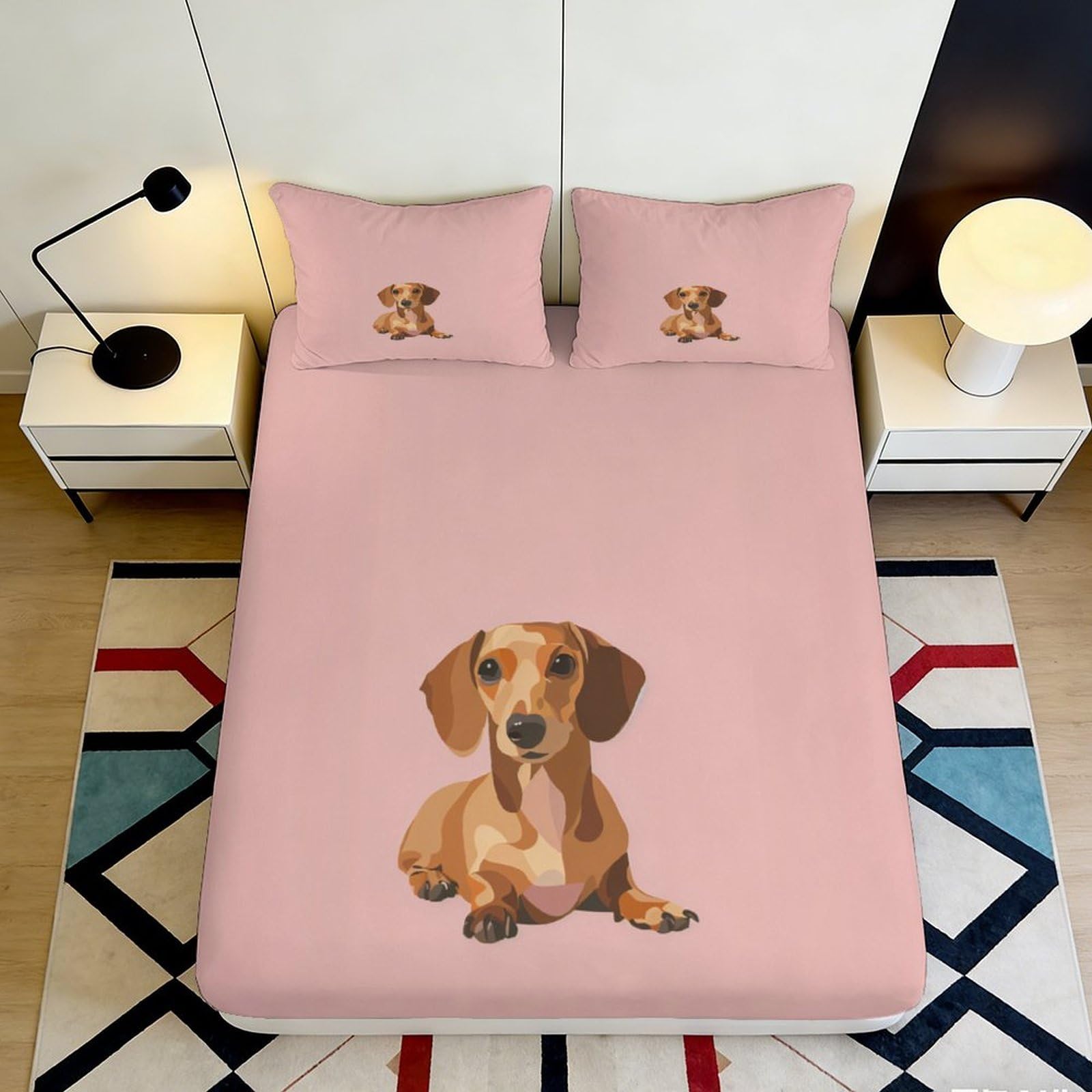 3D Printed Dachshund Dog Fitted Sheet Microfiber Pink Non Slip Mattress Cover for Bedroom Guest Room Easy Care Decor 90x200x25cm