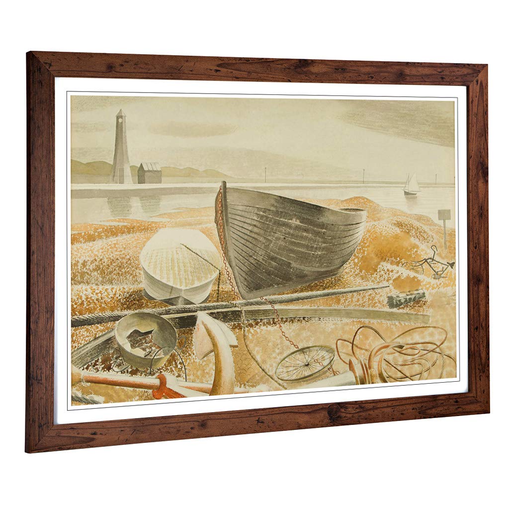 Big Box Art Framed Print of Eric Ravilious Anchor and Boats Design | Wall Art Picture | Home Decor for Kitchen, Living Room, Bedroom, Hallway, Walnut, A2 / 24.5x18 Inch / 62x45cm