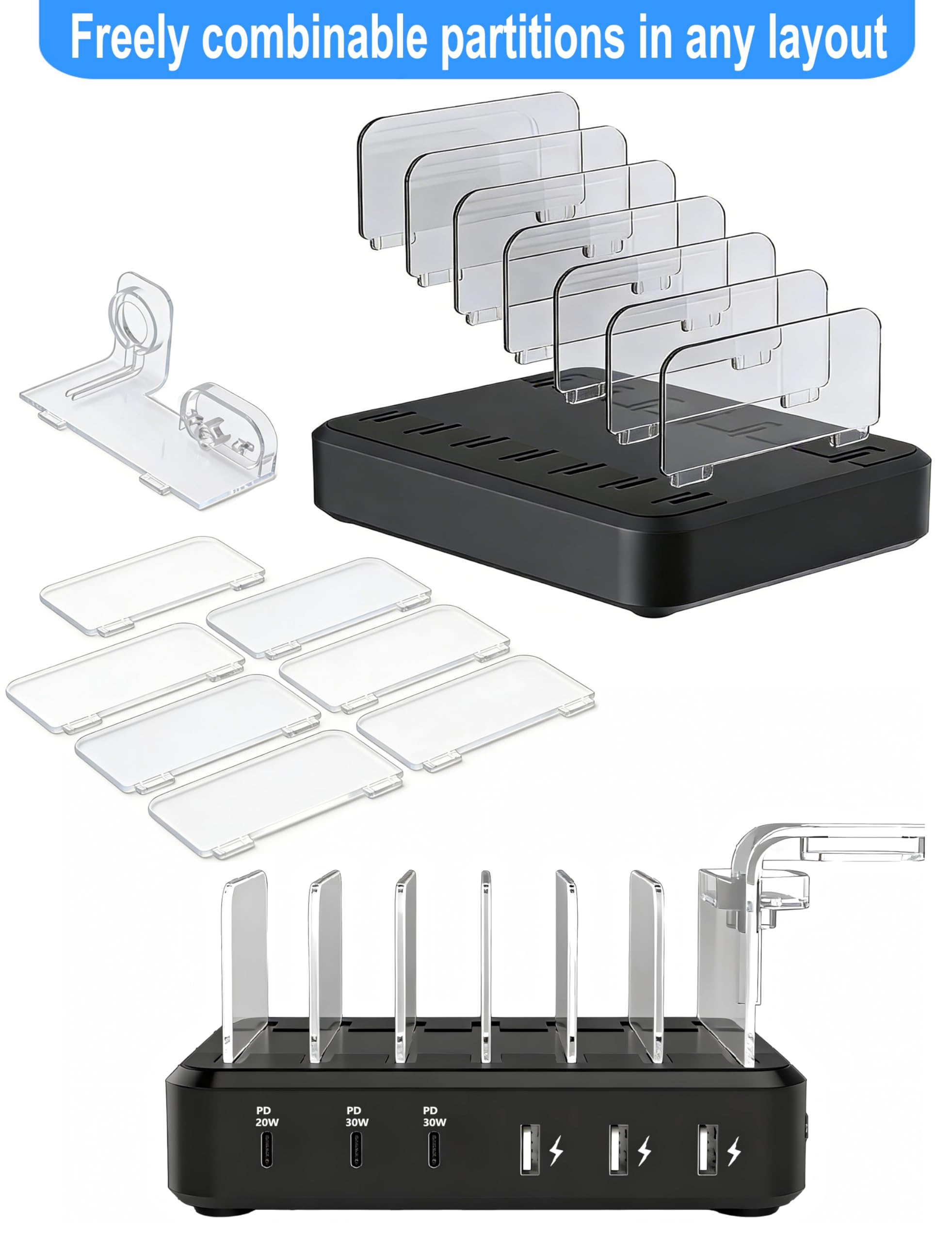 Stazione di ricarica per più dispositivi, stazione di ricarica rapida USB-C a 6 porte per iPad, iPhone, Android, telefoni cellulari, tablet, organizer per più dispositivi (6 cavi corti inclusi)