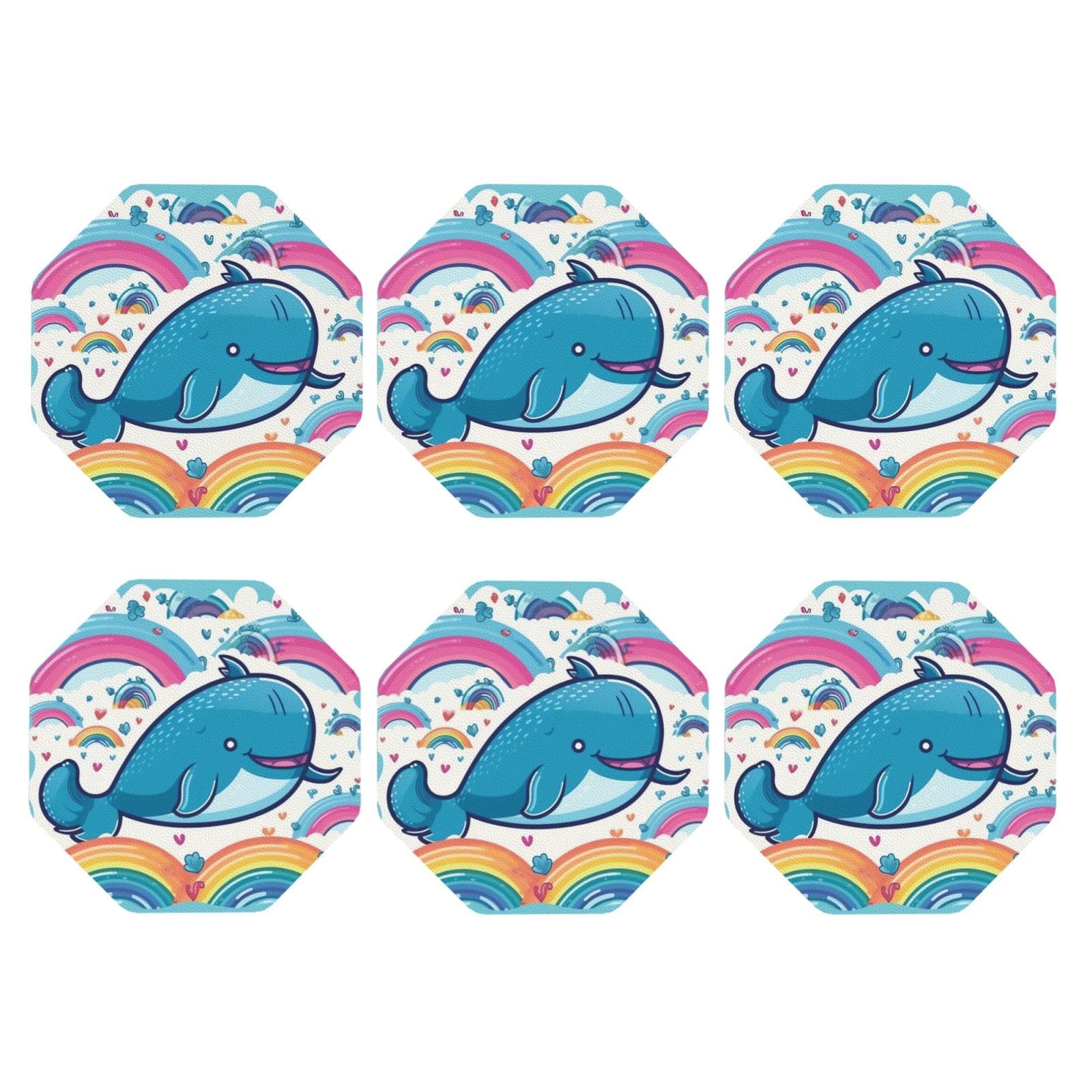 6pcs Leather Coasters for Drinks, Cartoon Whale and Rainbow Drink Coasters for Tabletop Protection, 4" Cup Coasters for Coffee Table Decor, Non-Slip Drinking Cup Mat for Hot Or Cold Drink
