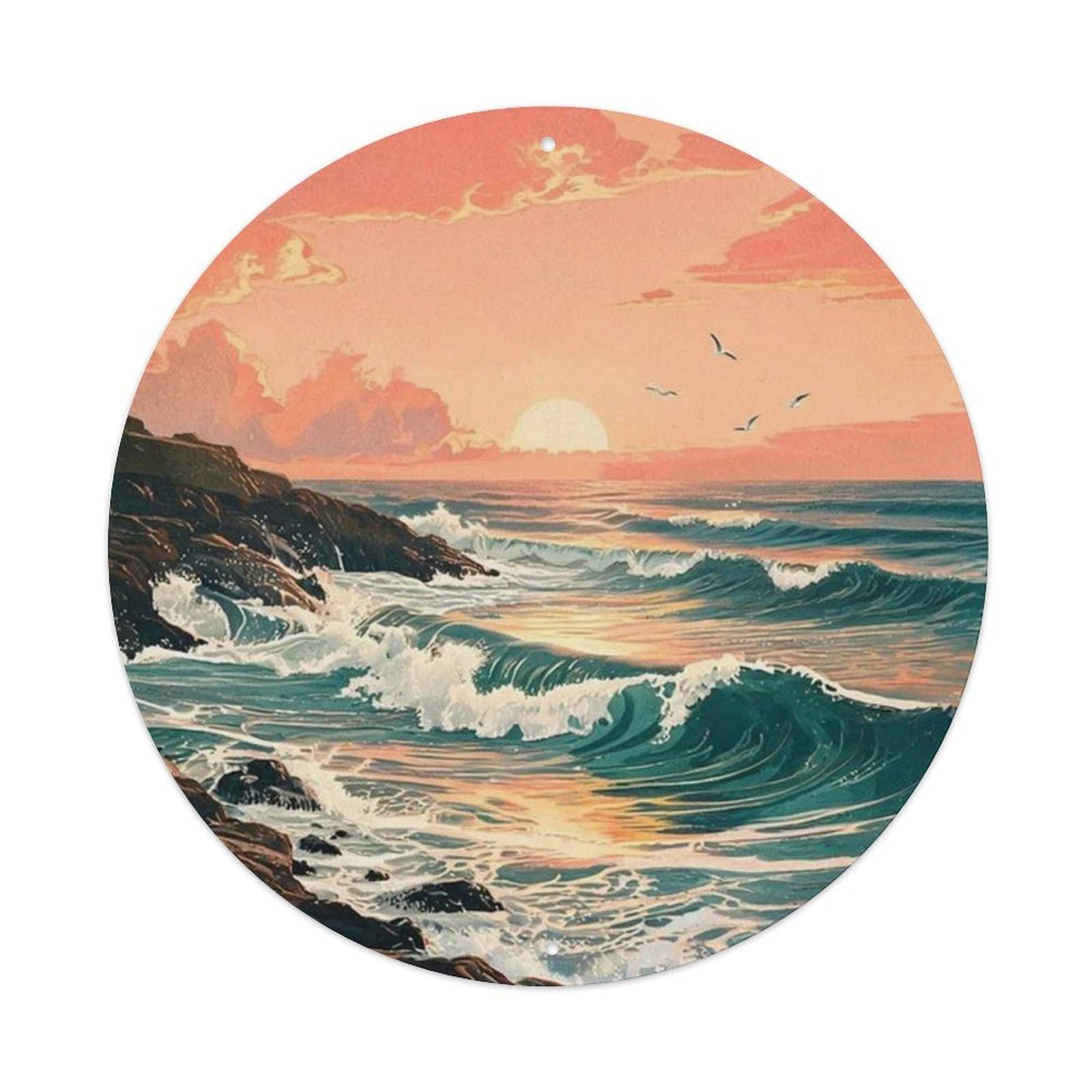 Vintage Ocean Sunset Waves Metal Tin Sign Plaque