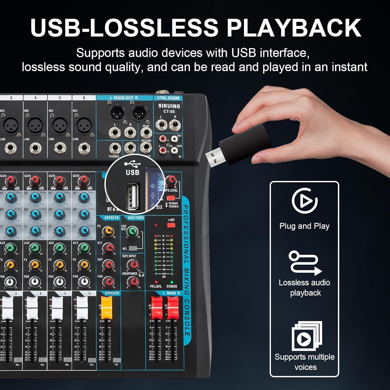 Audio Mixer Professionale a 6 Canali per Streaming Con Effetto 16 DSP, Interfaccia USB e Phantom Power da 48 V - Stereo DJ per PC Recording/DJ Palcoscenico
