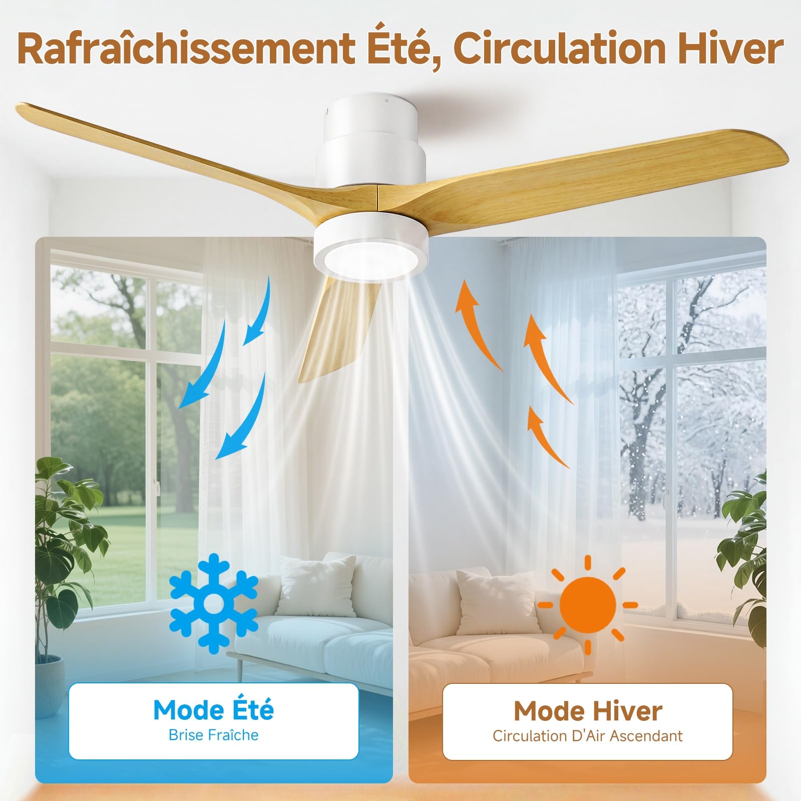 Ateroll Ventilateur Plafond Silencieux, Ventilo Plafond Avec Lumière Et Télécommande, 132 Cm, 3 Pales Bois, Avec Lumière Dimmable, Moteur DC Réversible, Fonction Été-Hiver, 6 Vitesses, Minuterie