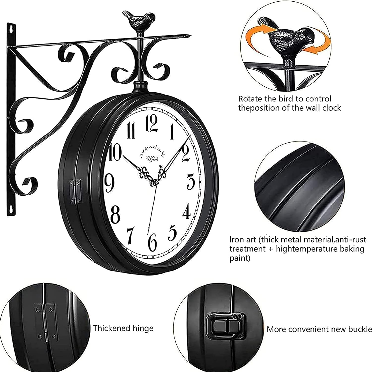 Outdoor Garden Wall Clock, Vintage Double Sided Wall Clock,12 Inch Classical 360°Rotation Double Sided Train Station Clock with Station Bracket Garden Clocks
