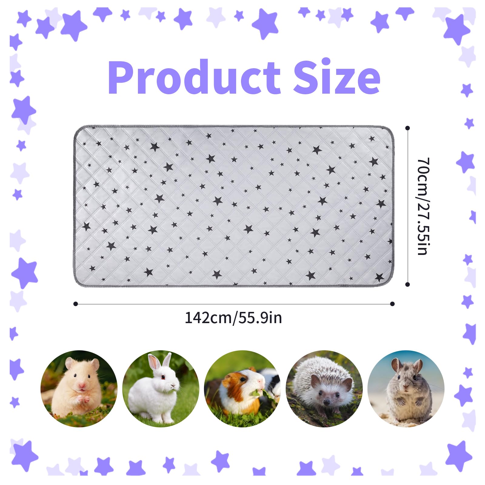70x142cm Meerschweinchen Unterlage Waschbar: Pipipads Meerschweinchen, Grau Stern, wasserdichte Super Saugfähige Wiederverwendbare Kleintiermatten für Käfig Auslauf