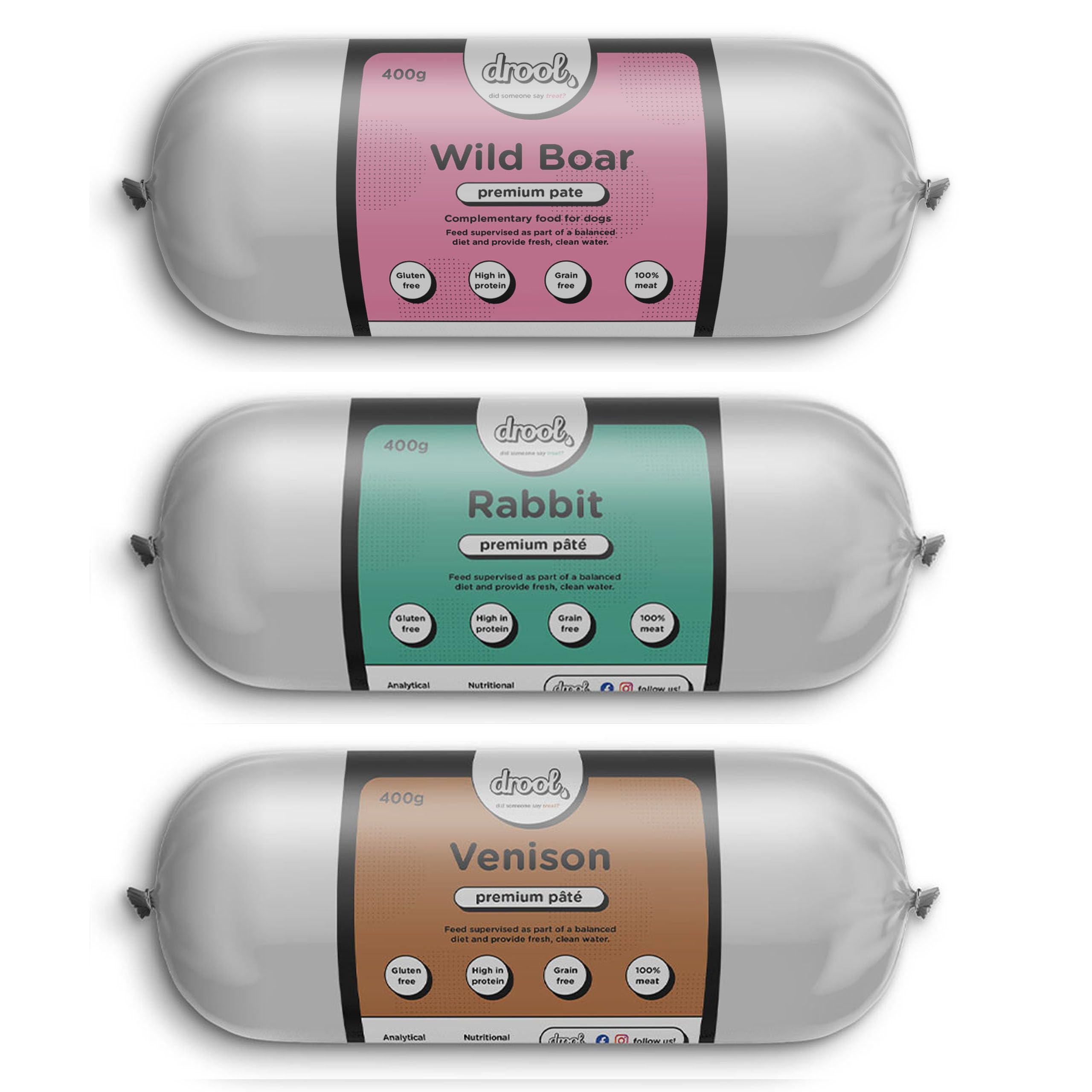Drool Pet Products | Premium Venison, Rabbit & Wild Boar Dog Pate Tube Roll | Grain-Free High Protein Dog Food | Triple Pack 3 x 400g