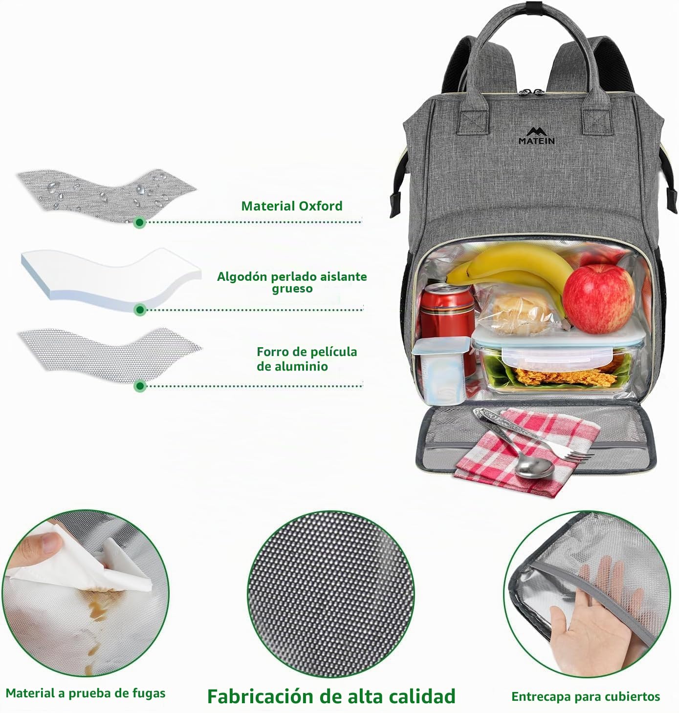 MATEIN Mochila de Almuerzo Portatil de 15,6 Pulgadas, Mochila Trabajo Mujer con Compartimento Térmico, Mochilas Portatil Mujer Hombre Impermeable para Oficina, Viaje, Universidad y Escuela, Gris