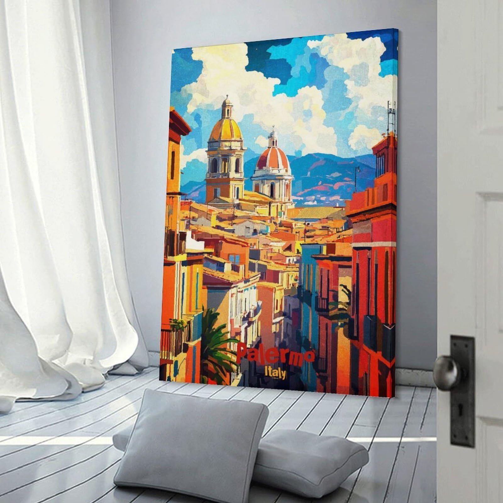 Junmoney Frame-Style-2 Canvas Art Print Palermo Italy Travel Poster, 20X30inch(50X75cm), For Office, Study Or Home Workspace, Wall Art That Adds Style To Work Areas