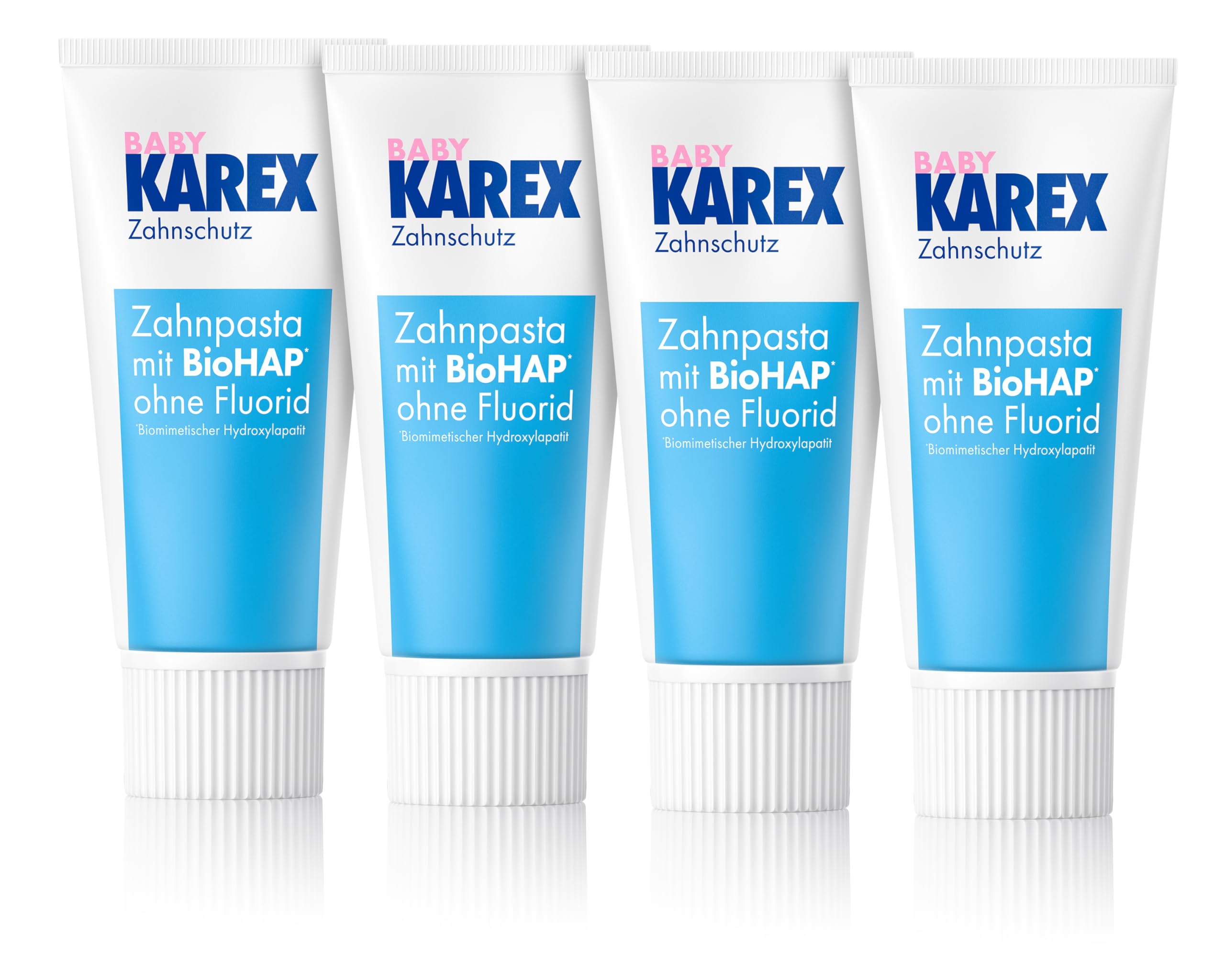 Baby Karex Pasta de dientes – 4 x 50 ml – El inicio ideal para el cepillado de dientes – para bebés de 0 – 2 años – limpia suavemente, con BioHAP y sin fluoruro