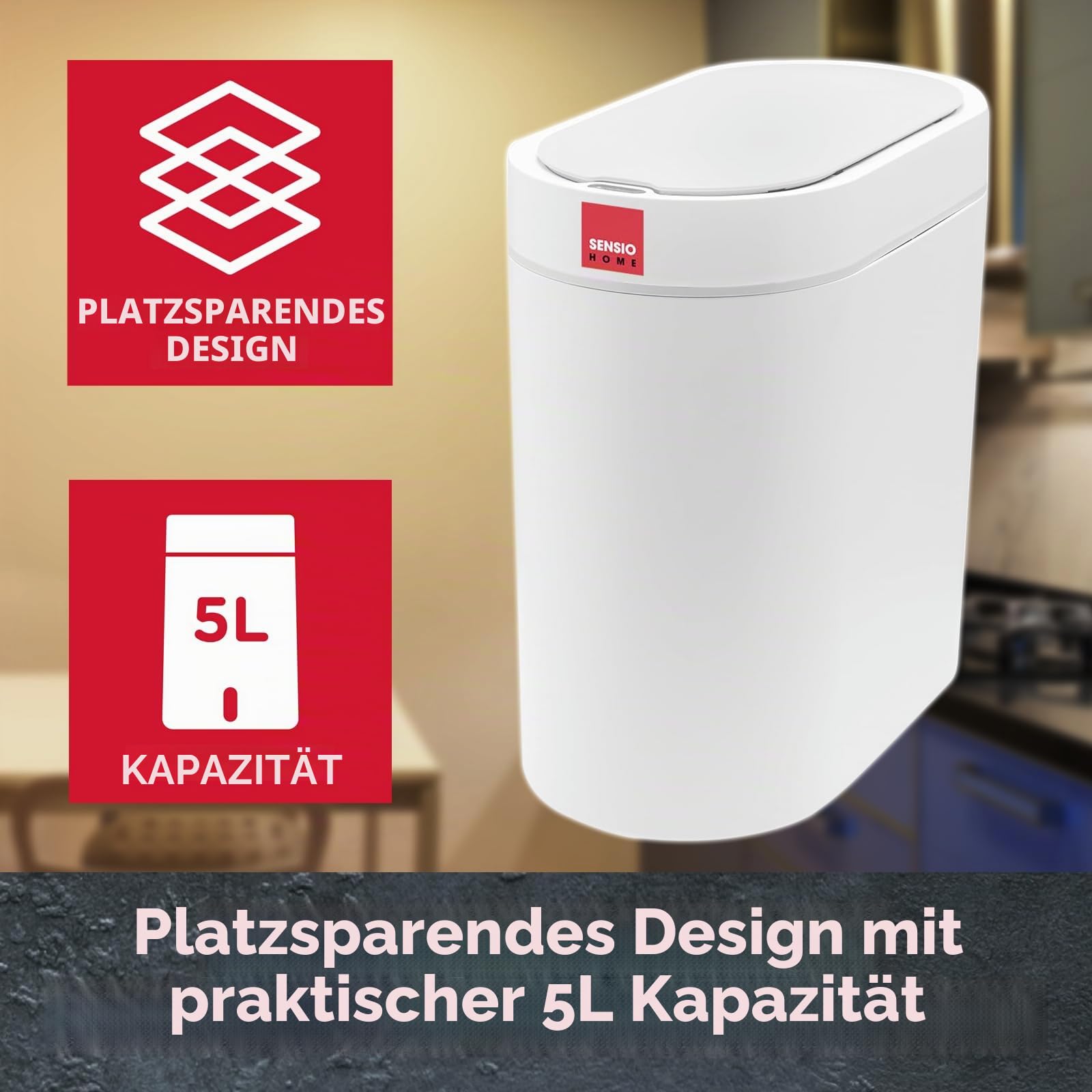 Sensio Home 5 Liter wasserdichter Mülleimer mit Bewegungsmelder, Mülleimer mit automatischem Deckel, automatischer Mülleimer für Schlafzimmer, Küche, Bad, Wohnzimmer, Büro, weiß mit grauem Rand
