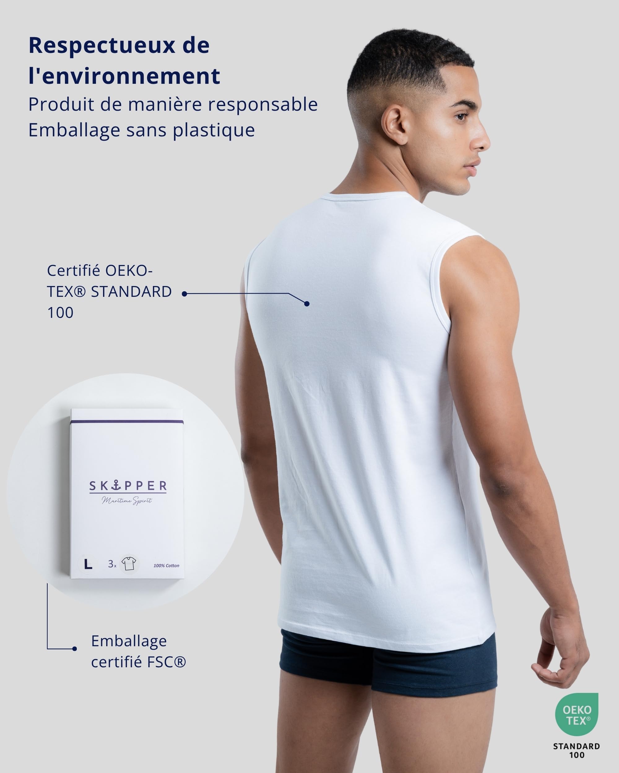 SKIPPER Lot de 3 débardeurs sans manches pour homme, en coton stretch, respirants et indéformables, coupe ajustée, taille S à 3XL