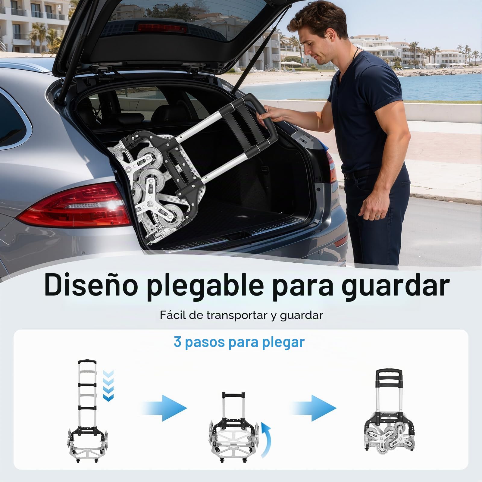 Carretilla de escalera plegable 6 ruedas subir escaleras aluminio carretilla apilable carro con cuerda elástica, bolsa de lona negra, para mercancías suministros productos artículos negro