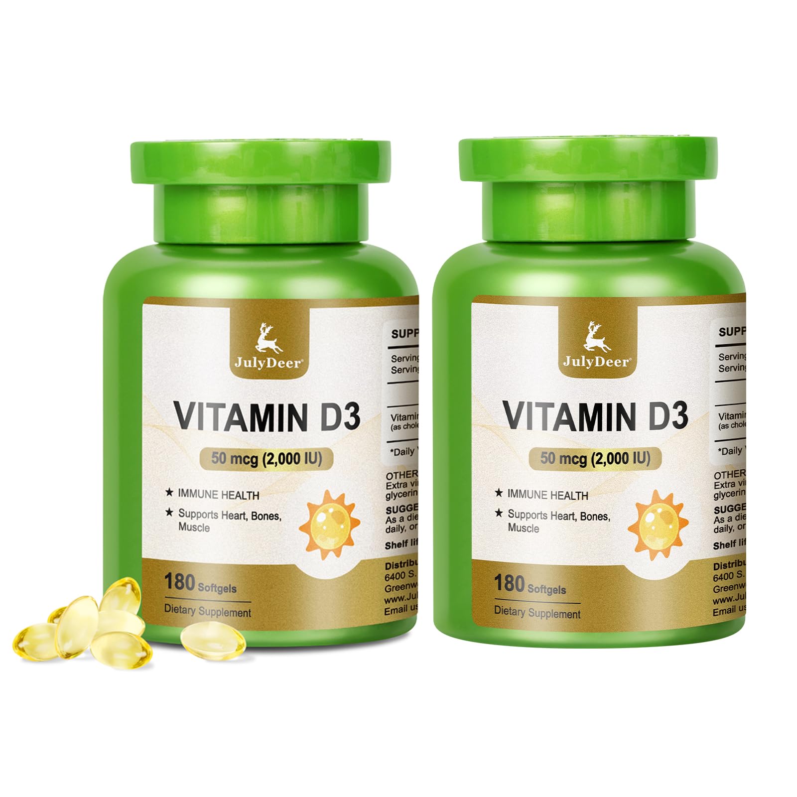 JulyDeer Vitamin D3 2000 IU (50 mcg) 360 Softgels 360 Count (Pack of 2)