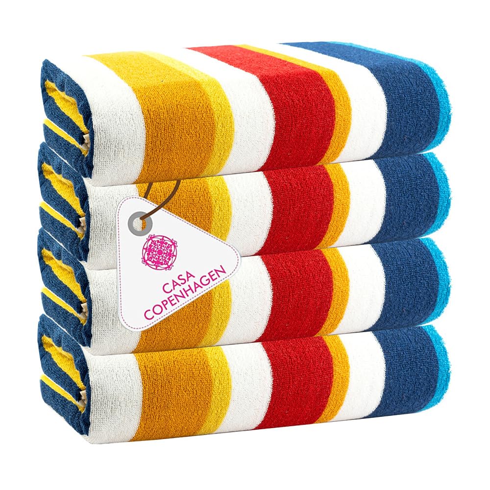 CASA COPENHAGEN Bora Bora Towels 4Pcs Yellow Designer Stripe Beach Towels Gift Set, 30x60 inches Oversized 100% Cotton Pool Towels, Bath Towels for Beach (Summer Gift Set For Women & Men)