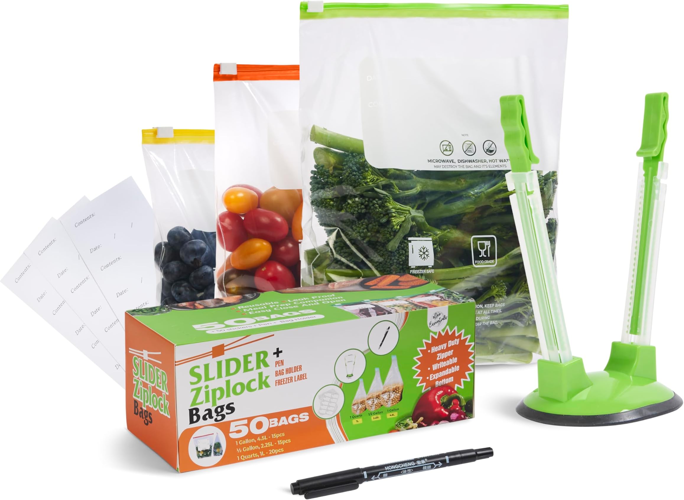 Reusable Freezer Bags Set (50Pcs) โ Large, Medium & Small Slider Ziplock Bags (4.5L, 2.25L & 1L) + 50 Freezer Labels, Bag Holder & Pen โ Leakproof, BPA-Free, Heavy Duty Food Storage Bags (50, L, M, S)