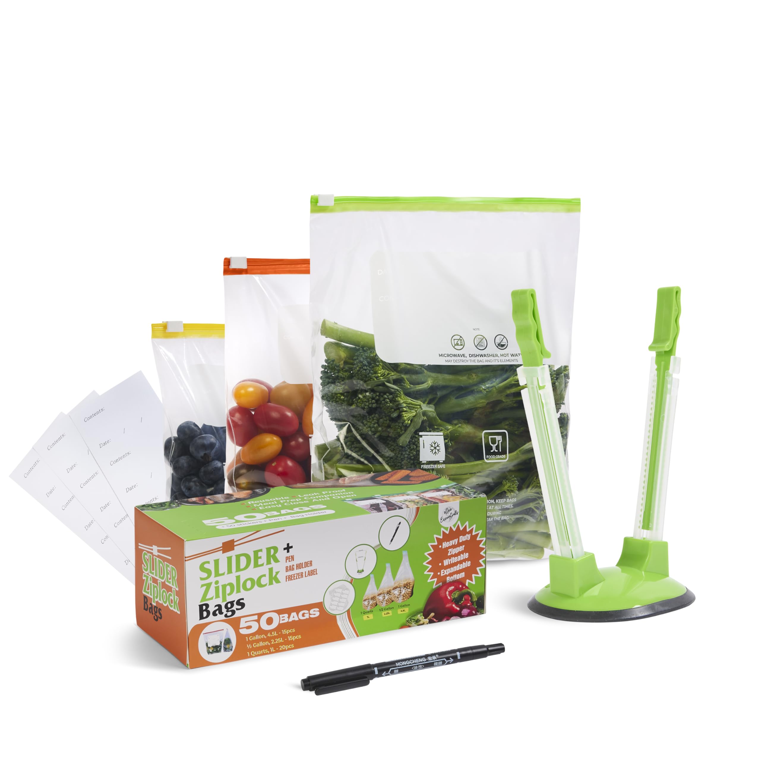 Reusable Freezer Bags Set (50Pcs) – Large, Medium & Small Slider Ziplock Bags (4.5L, 2.25L & 1L) + 50 Freezer Labels, Bag Holder & Pen – Leakproof, BPA-Free, Heavy Duty Food Storage Bags (50, L, M, S)