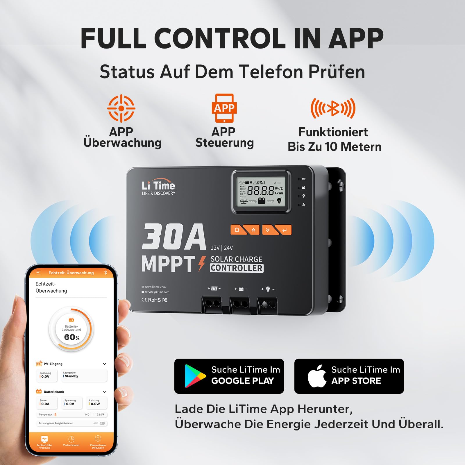 LiTime 30A MPPT 12V/24V Auto DC Input Solar Laderegler mit Bluetooth-Modul, Parameter einstellbares LCD-Display, LED-Anzeigen Solarpanel Regler, für Lithium Batterie