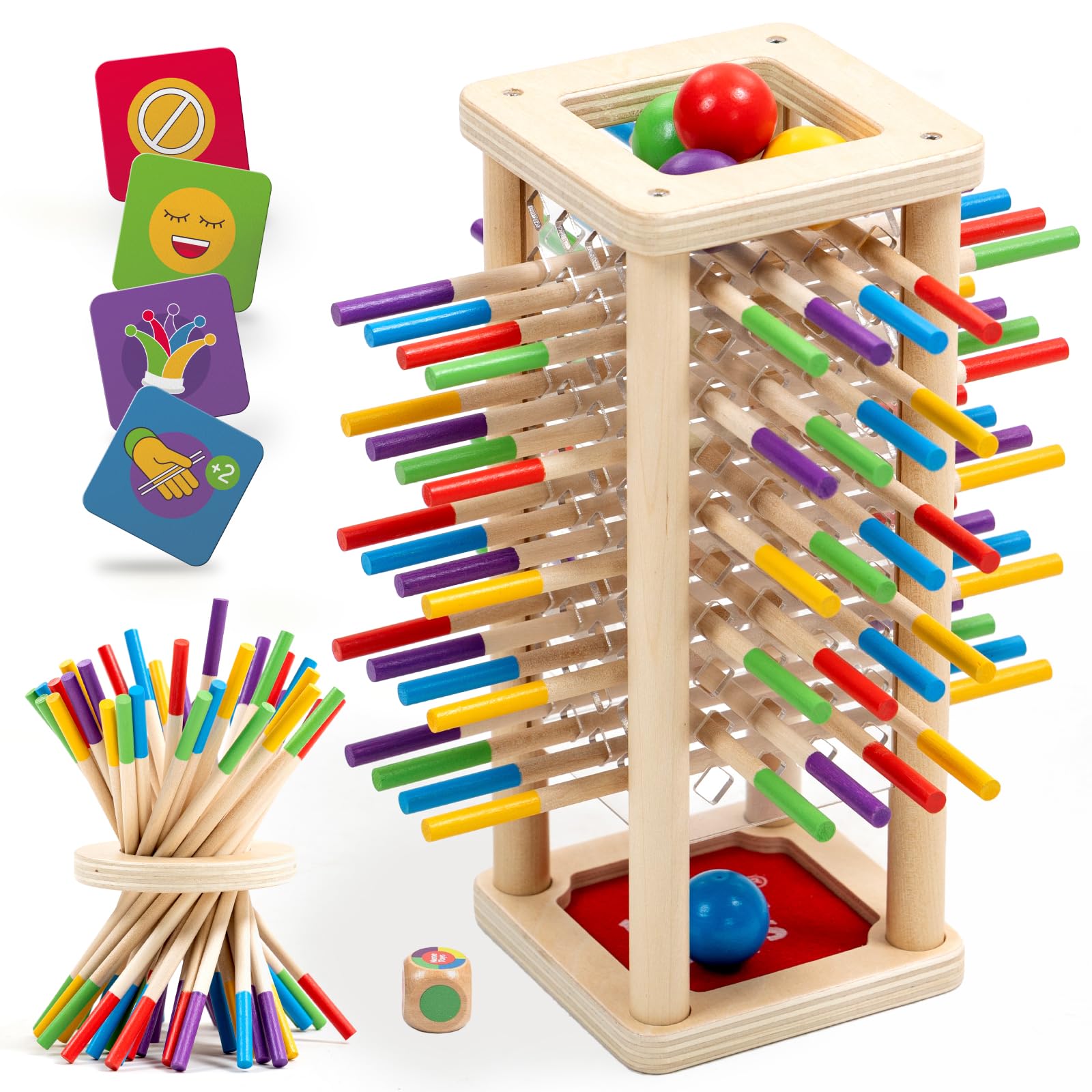 Nene Toys BALLFALL – Jeu Montessori en Bois pour Enfants 3-9 Ans – Jeu de Société Éducatif avec Bâtonnets Colorés, Dé & Cartes – Jouet Ludique pour Développement Cognitif, Coordination & Motricité