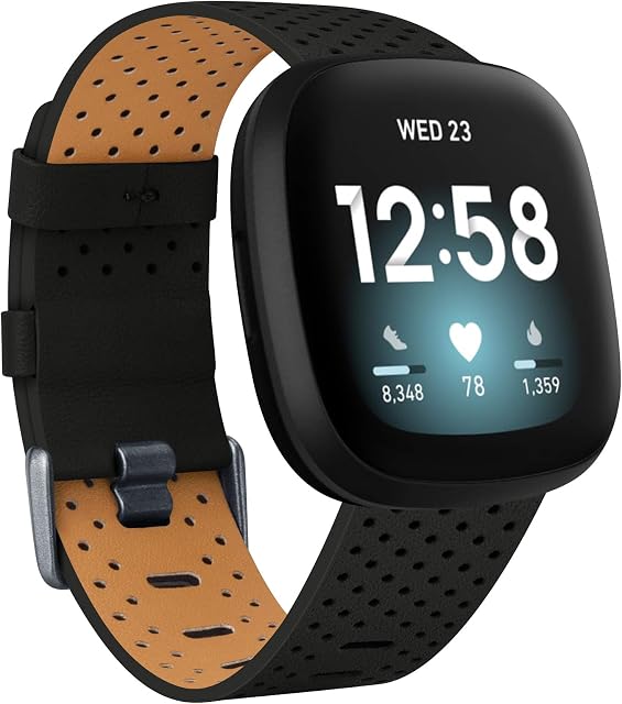 Strap Compatible with Fitbit Versa 3 / Fitbit Sense Strap Leather, Genuine Leather Replacement bands Compatible with Versa 3, Women Man (Small, Black)