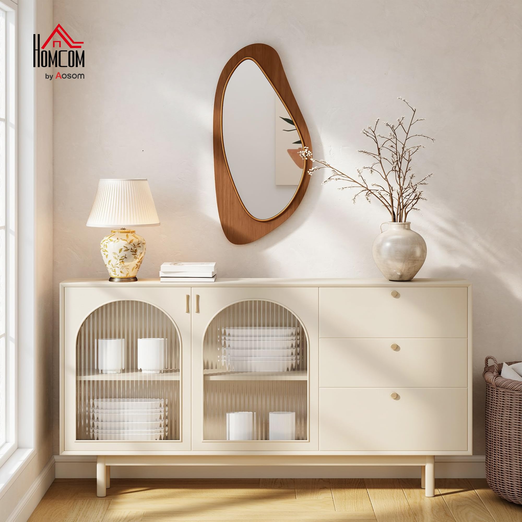 HOMCOM Specchio da parete, 91,5 x 45 cm, asimmetrico, in legno naturale | con cornice impiallacciata di pino, specchio decorativo da appendere, specchio da corridoio, per camera da letto, soggiorno