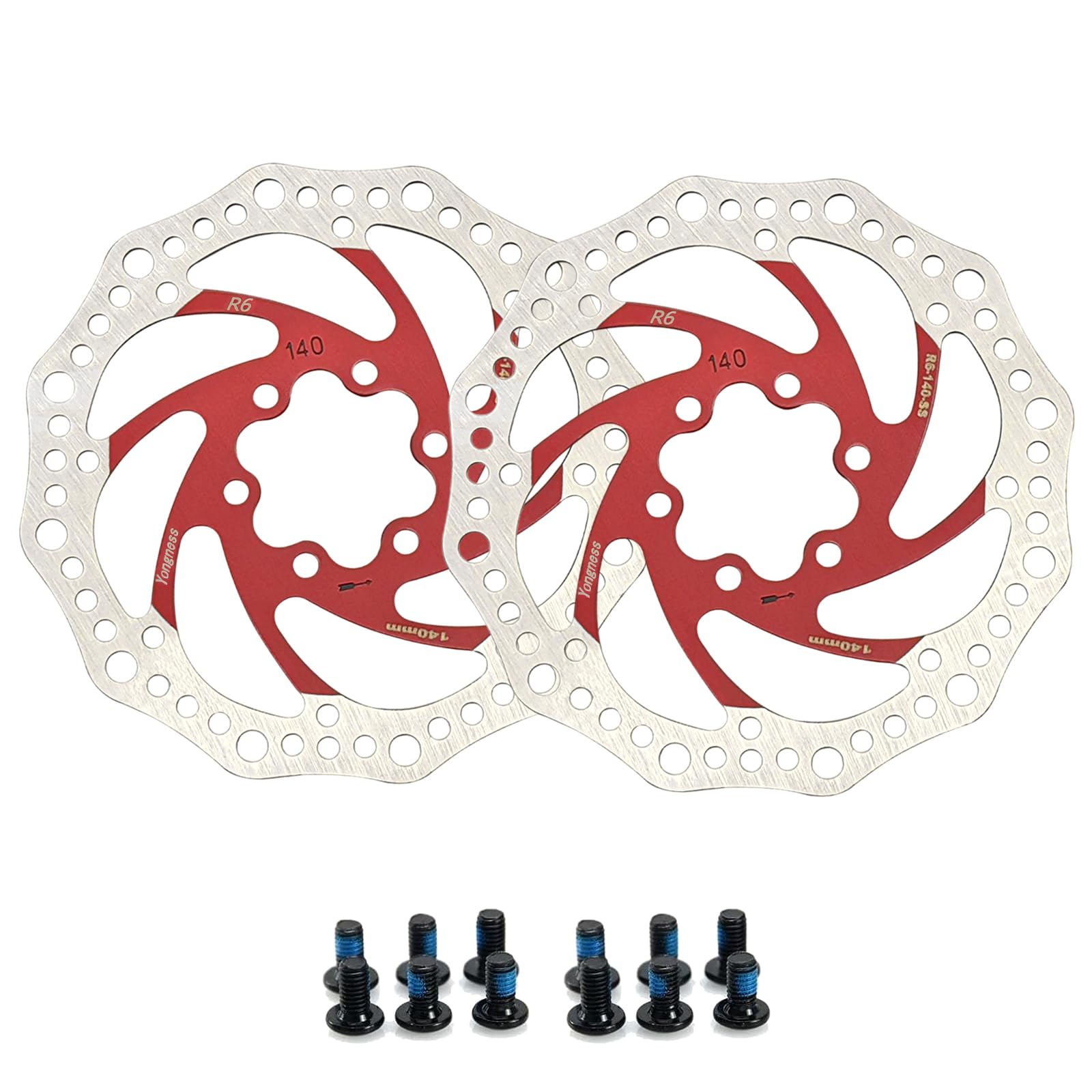 Yongness Bicycle Disc Brake Rotor, Red Brake Rotor 180mm 6 Holes 2 Pack with 12 Screws, Stainless Steel Brake Rotor