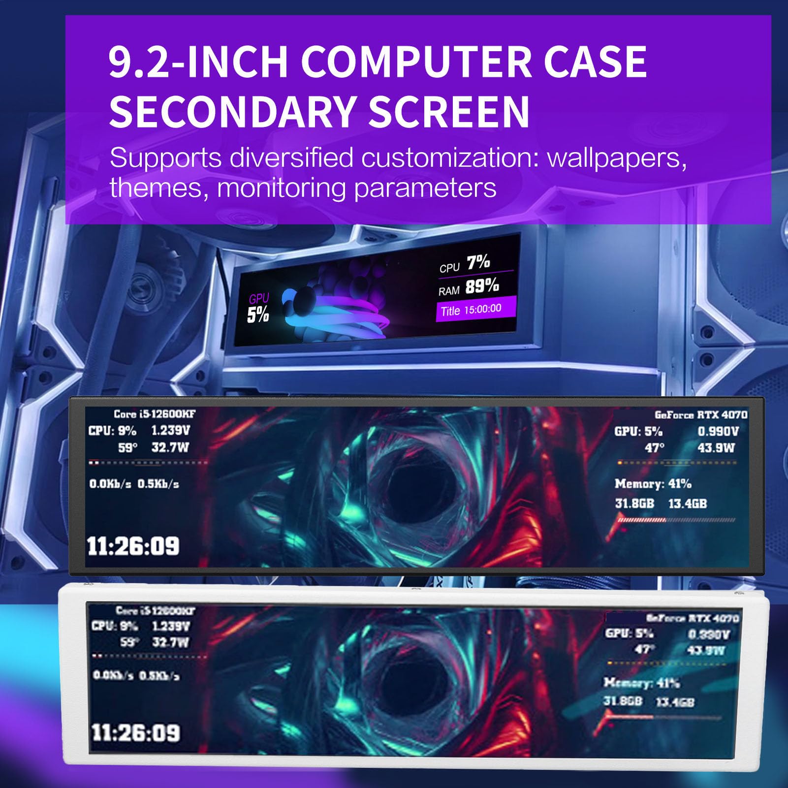Dpofirs Panel de Visualización de Temperatura de PC FHD de 9,2 Pulgadas, Pantalla Secundaria de Computadora con Temas de Video Dinámicos y Configuración de Cable único para Monitoreo de (Black)