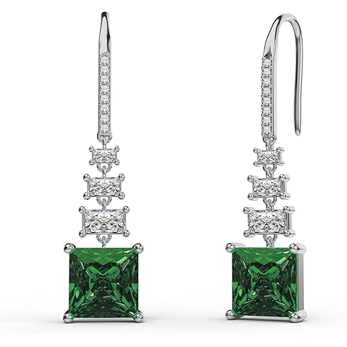 18K White Gold Plated Sterling Silver Square Princess Cut Cubic Zirconia Drop Dangle Earrings for Women Hypoallergenic Statement Earrings Gifts for Women Mom