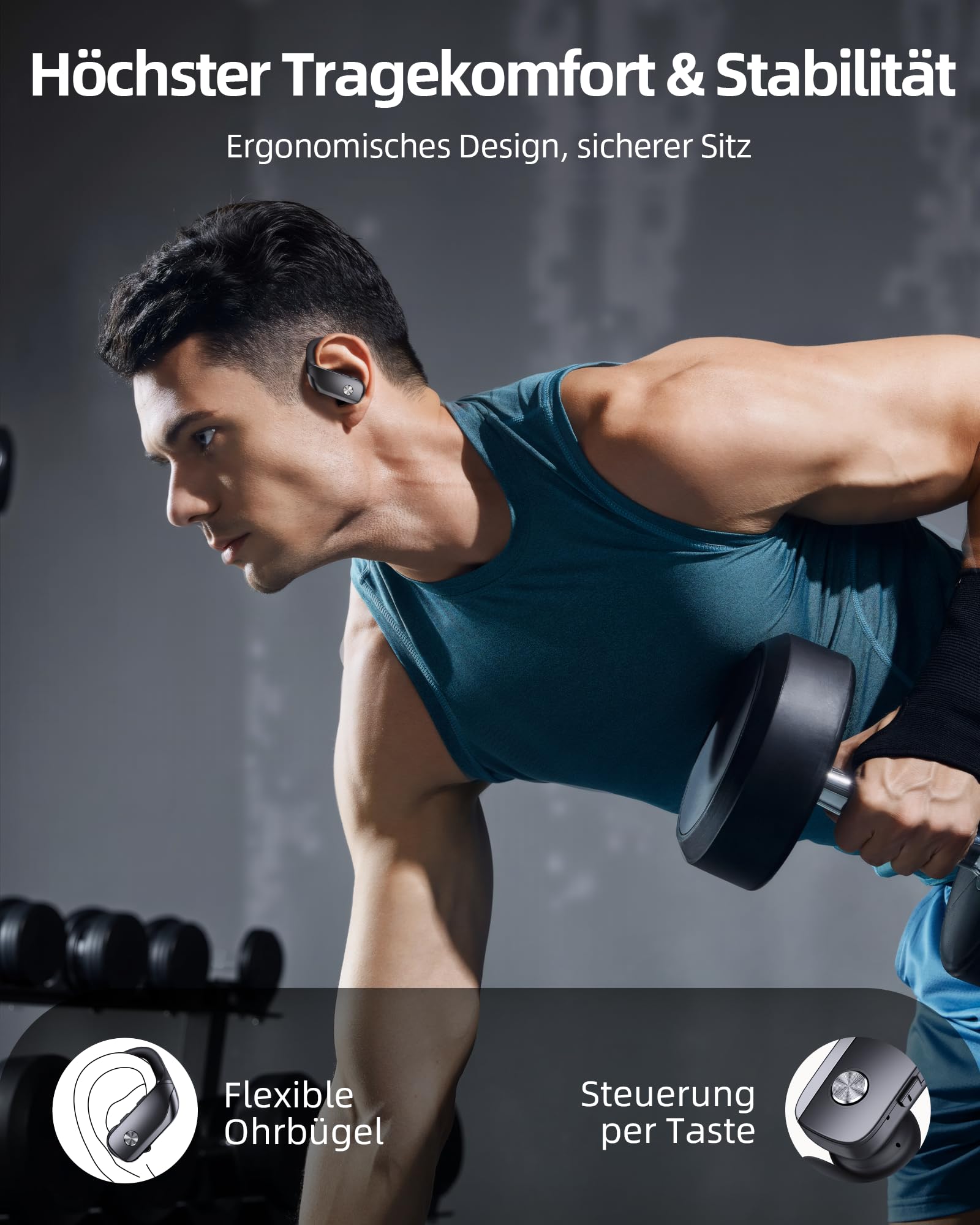 Sportowe słuchawki douszne Bluetooth, bezprzewodowe słuchawki douszne z odtwarzaniem 80 h, podwójny wyświetlacz LED, haczyk na ucho z mikrofonem, dźwięk stereo, łatwe sterowanie przyciskiem, sportowe
