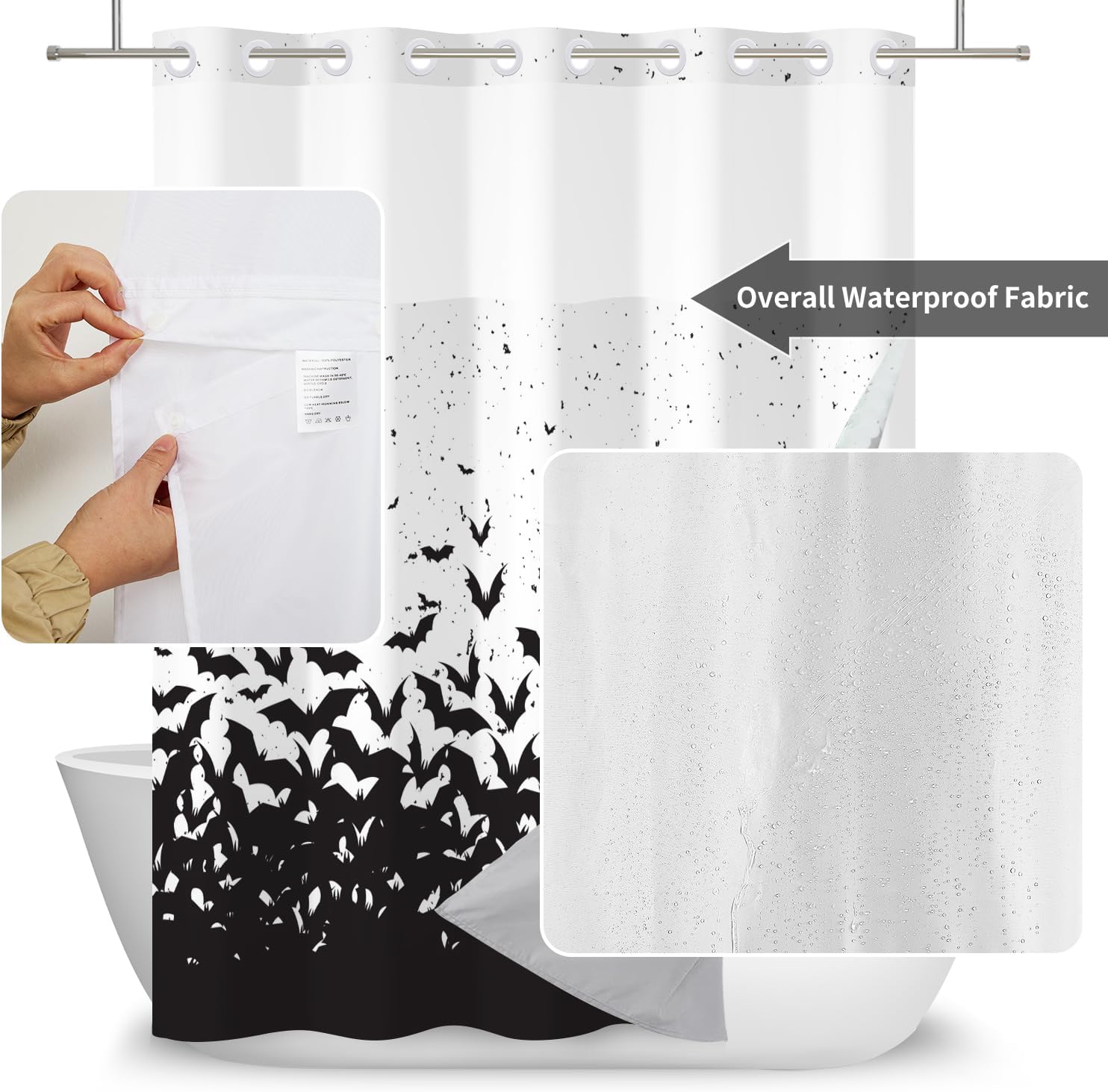 No Hook 3 in 1 Waterproof Halloween Shower Curtain with Snap-in Liner Set, Double Layers Shower Curtains, Bats Spooky Style Fabric Bath Curtain for Bathroom,Polyester 71''x74''