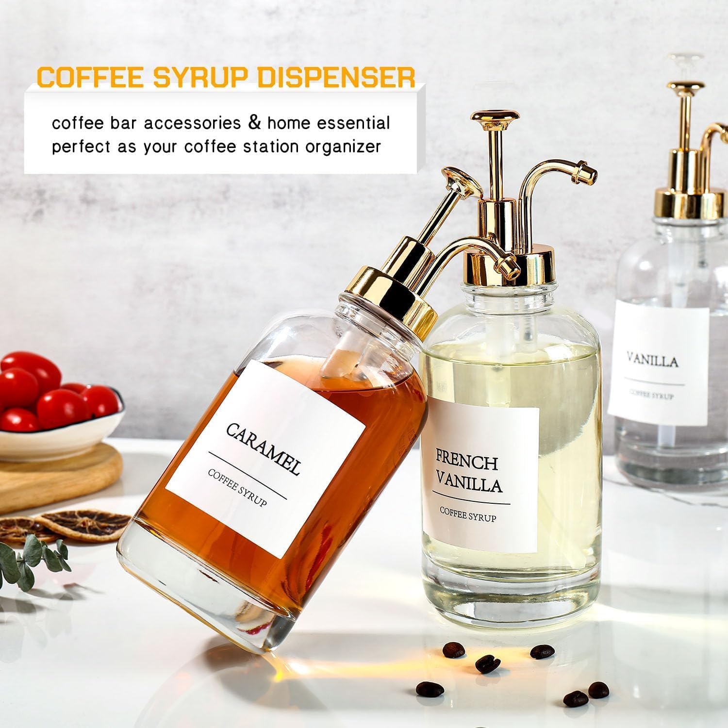 MHDCLY Accessori da bar, dispenser per sciroppo di caffè, confezione da 4, dispenser per sciroppi con etichette, erogatore a pompa per sciroppo per bar (pompa dorata)