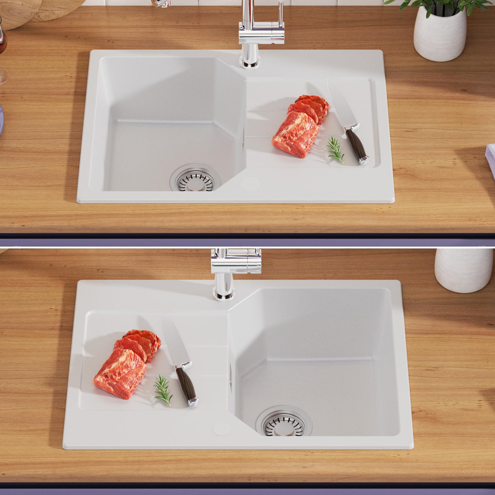ANYCEE 65 x 45 cm Lavello Cucina con Gocciolatoio, Lavandino Granito Bianco | Lavello Bianco in Granito, Lavandino con 80% Sabbia di Quarzo, per Mobile di Base di Oltre 40cm, Troppopieno e Sifonee