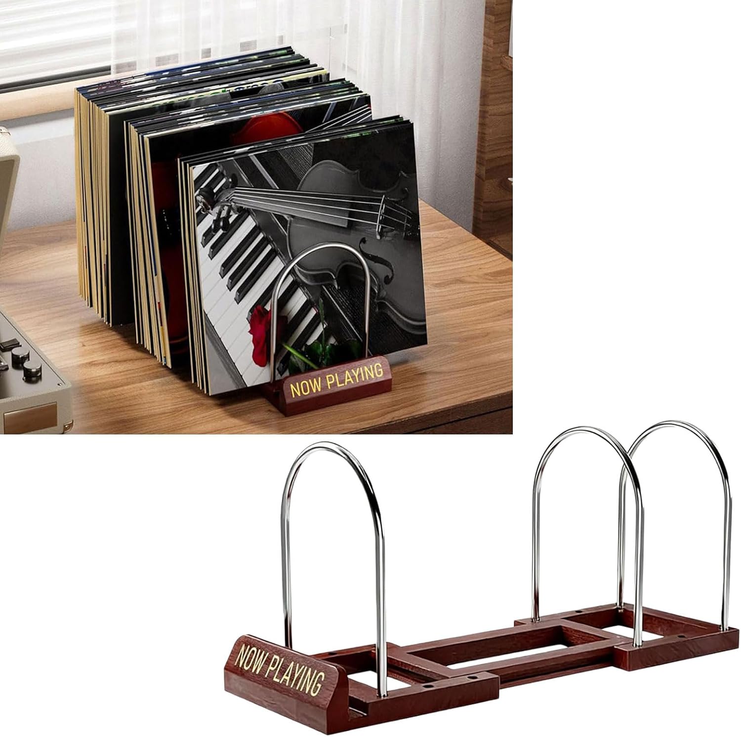 Wooden Music Album Display Stand Holds 50 Discs for Organized Storage and Stylish Home Decor Book and Record Shelf
