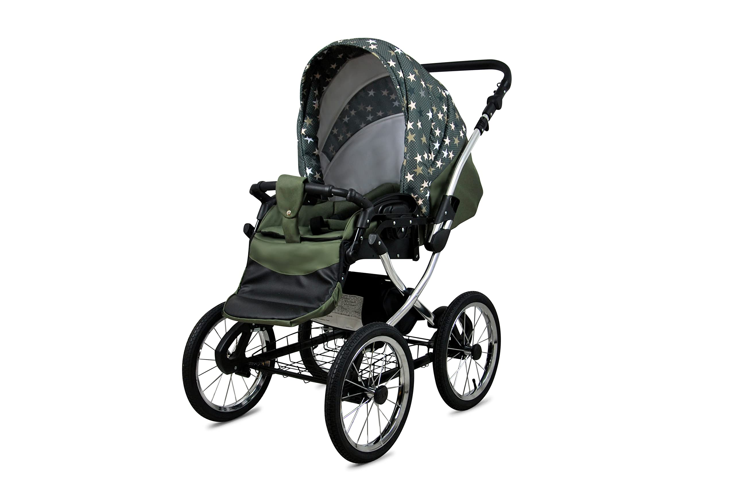 BabyLux Passeggino 3 in 1 con Seggiolino Auto per Bambini Piccoli – Passeggino per Neonati e Bambini –– Carrozzina Neonato – 59x105x125cm – Max 15kg – Olive Star Silver Frame