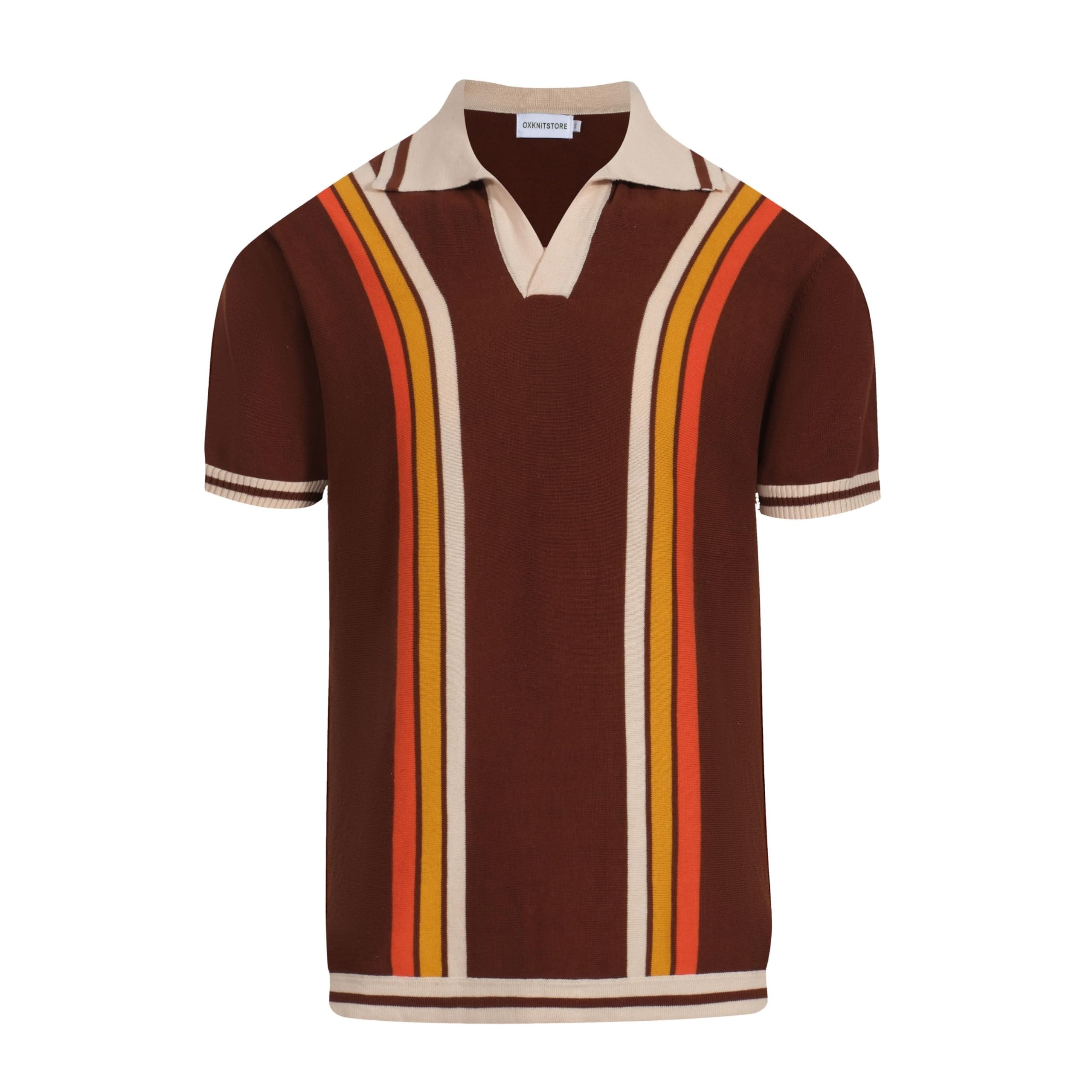 OXKnit Polo Shirt Herren Kurzarm Polo Shirt Gestrickt Vintage 1960s Mod Style Retro Gestreift Braun Polo Shirt