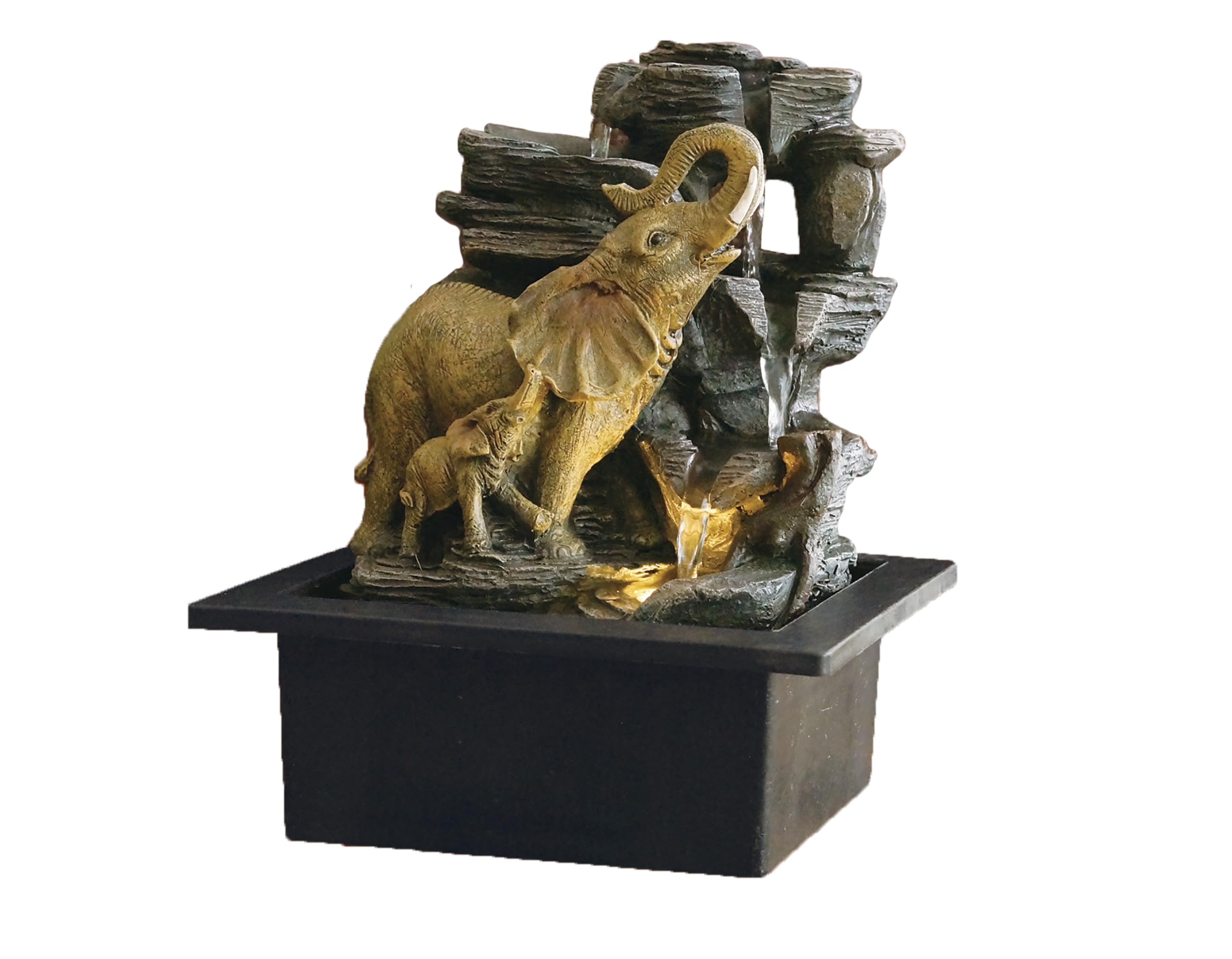 Elephant Fortuna Indoor Tabletop Water Fountain with LED Light, USB Resin Elephant Family Water Feature with Rock Waterfall for Home, Office, Bedroom, Meditation & Good Luck Décor, 25cm
