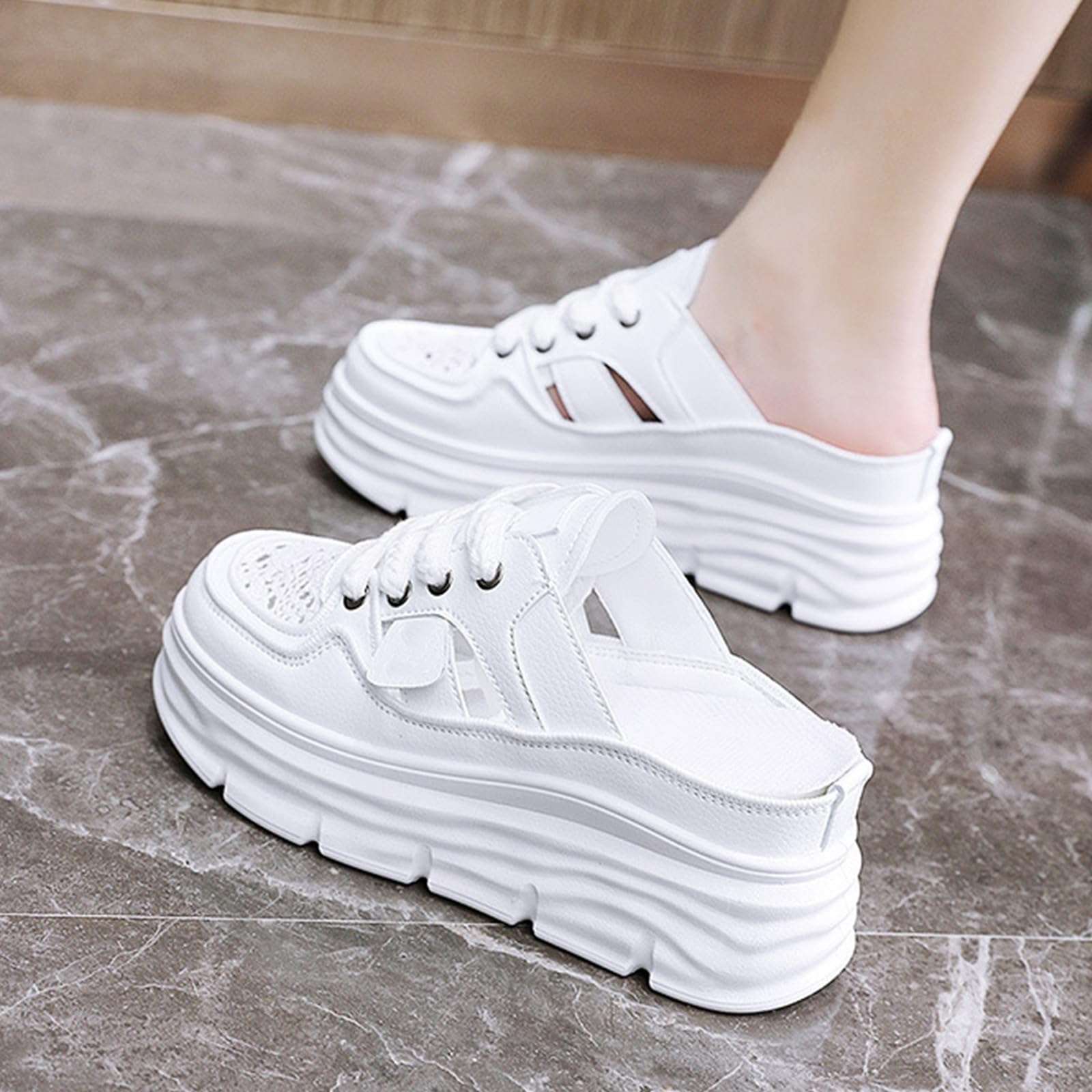 Generico Zapatillas de deporte mujer verano lona - Sandalias mujer cerradas delante y abiertas detrás sandalia plataforma con cordones zapatillas punta redonda patrón perforado zapatos ligeros y