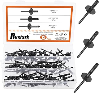 Rustark 75pcs 3 Sizes Aluminum Black Large Flange Blind Rivets Pop Rivets Assortment Kit, Silver Core Pulling Rivets Multiple Sizes Set Long Blind Rivets for Metal Wood