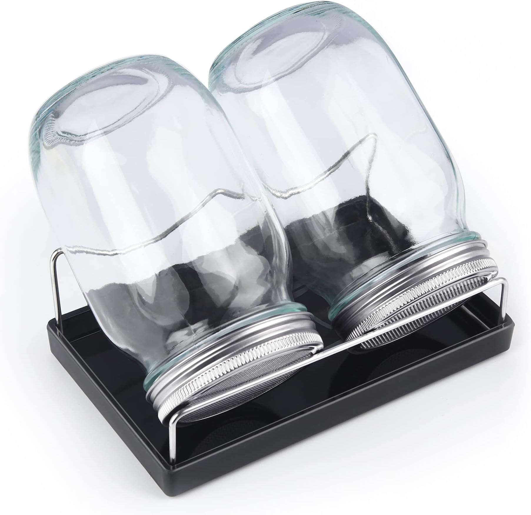 Sprouting Jar Kit-2 Wide Mouth Quart Mason Jars with 316 Stainless Steel Screen Sprout Lids,Melamine Tray,Stand and Canning Brush | Seed Sprouter Set for Growing Broccoli, Alfalfa, Mung Bean (Black)
