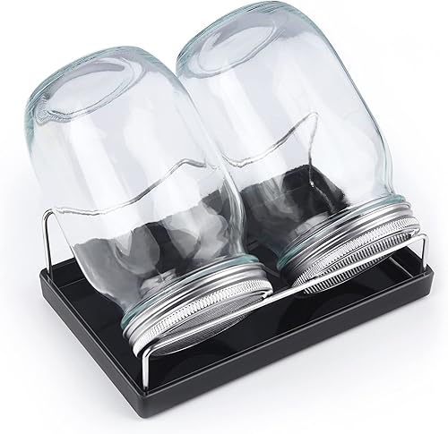 Kit de 2 tarros de germinación de boca ancha con tapas de brotes de pantalla de acero inoxidable 316, bandeja de melamina, soporte y cepillo para