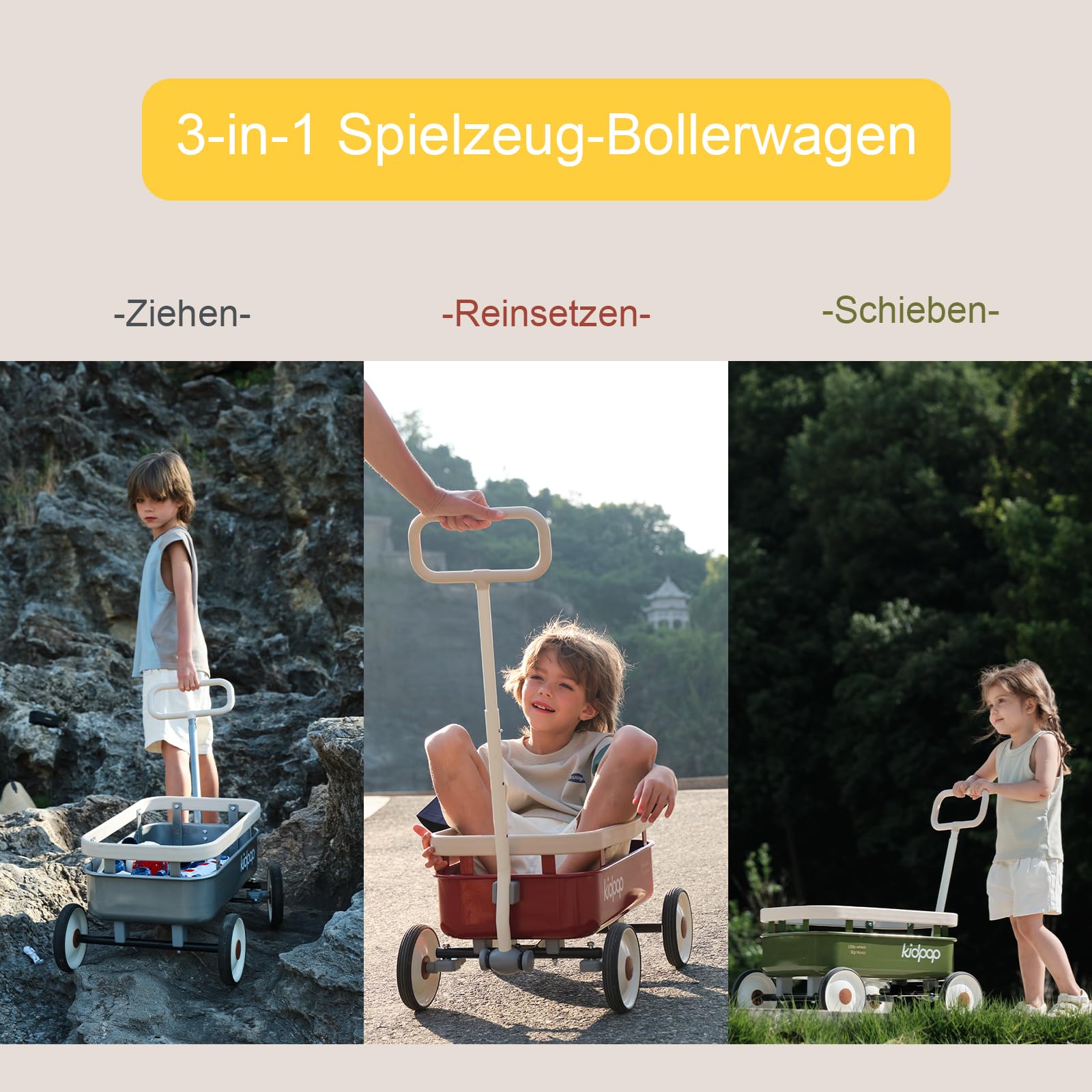 kidpop PULA-Wild 3-in-1 Kinder-Handwagen 2,5-8 Jahre, abnehmbare Holzabdeckung und Verstellbarer Lenker, Geburtstagsgeschenke Max. Gewicht 16 Kg，Grau