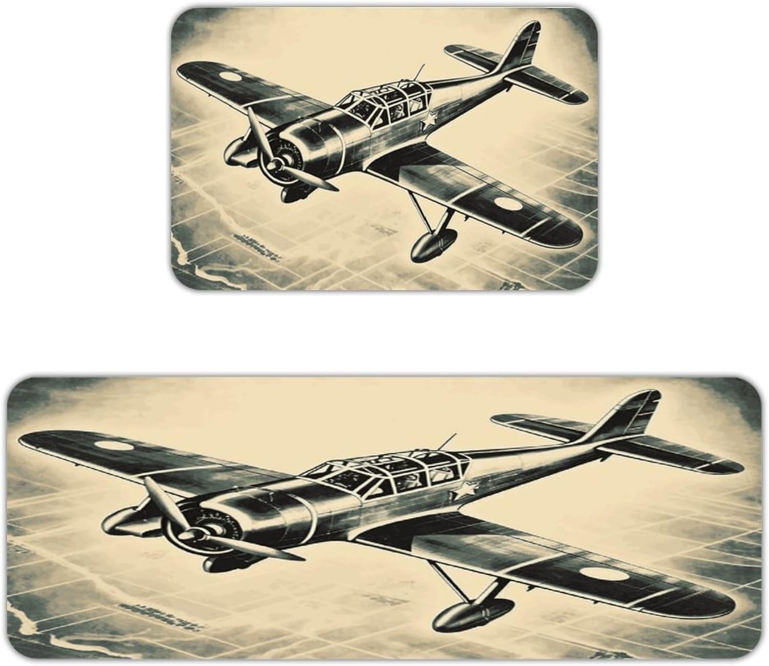 Retro Airplane Kitchen Mats for Floor 2PCS Waterproof Non-Slip Kitchen Rugs Cushioned Anti-Fatigue Mat Heavy Duty Floor Mats Comfort Standing Mat for Kitchen Home Office Laundry