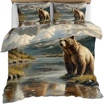 Bear Kids Duvet Cover Sets - 3 Piece with 2 Pillow Shams, Forest River Bear Duvet Cover Set, Soft Microfiber Bedding Comforter Cover Set for Women Men, Twin 68" x86"