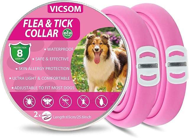 Flea Collar for Dogs, Dog Flea Collars, Flea Treatment for Dogs, 8 Months Protection Dogs Flea Treatment Waterproof Adjustable Flea and Tick Dog Collar for Puppies Small Medium Large Dogs Pink 2Pcs