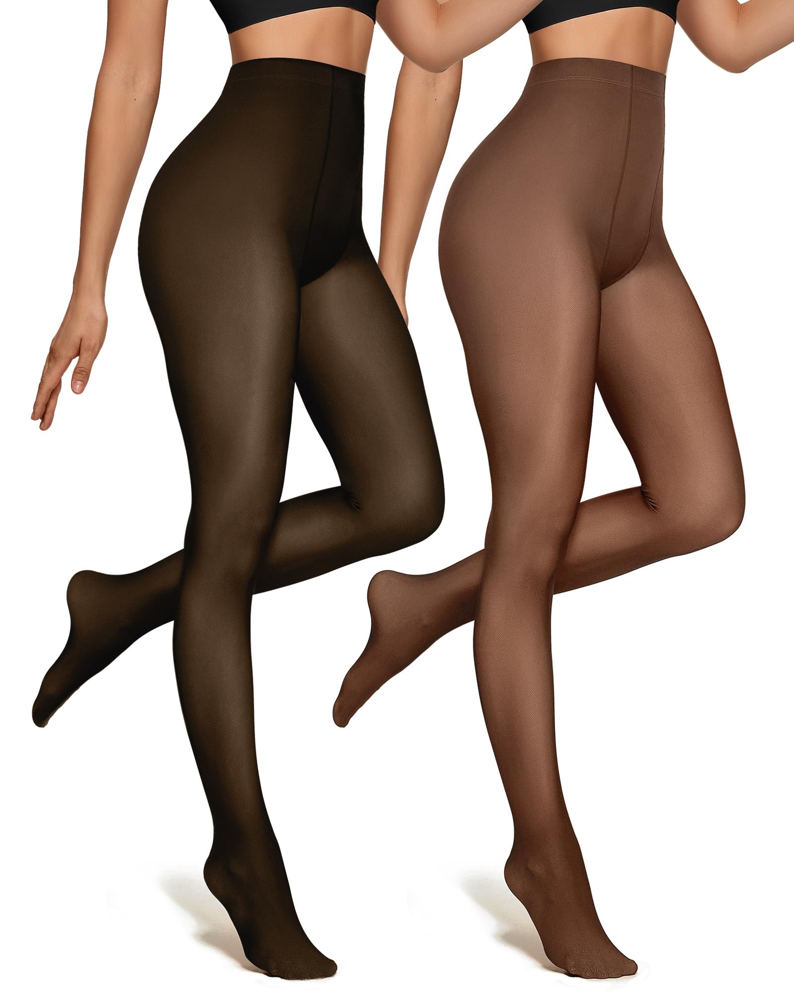 OEAK Womens 2 Pairs Fleece Lined Tights Fake Translucent Pantyhose Thermal Opaque High Waisted Warm Legging Pants Footed Sheer Tights